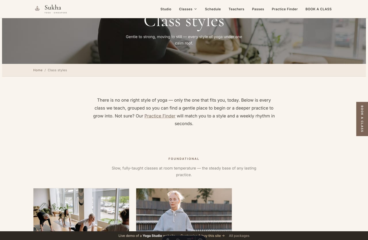 Classes page on the Sukha demo — Foundations, Hatha, Vinyasa Flow, Warm Flow, Yin & Restore, Guided Meditation and Prenatal as cards grouped by category