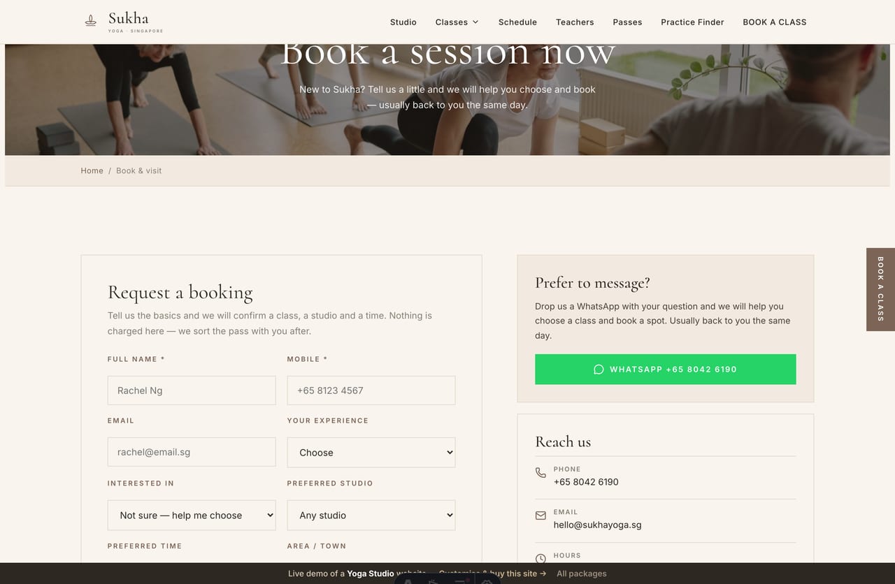 Book-a-class page on the Sukha demo — a PDPA-aware booking form with class, studio and time, plus WhatsApp
