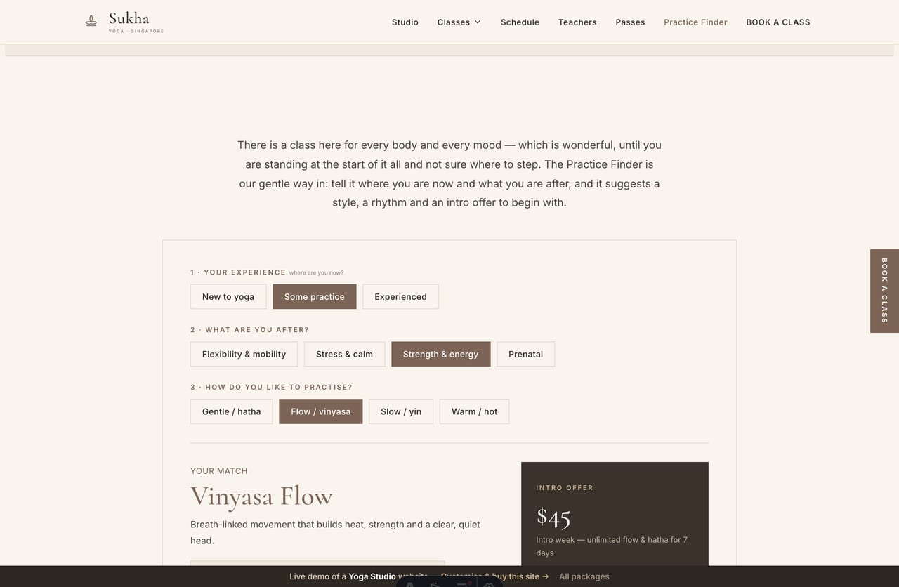 Practice Finder result on a Singapore yoga site — a matched class style, a suggested weekly rhythm and an intro-offer price with a book CTA