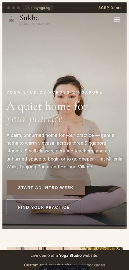 The Sukha yoga website on mobile — the full-bleed pose hero and book CTA at 430px