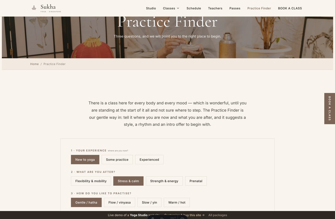 The interactive Practice Finder on the Sukha demo — pick experience, intention and style preference to be matched to a class style, weekly rhythm and intro price