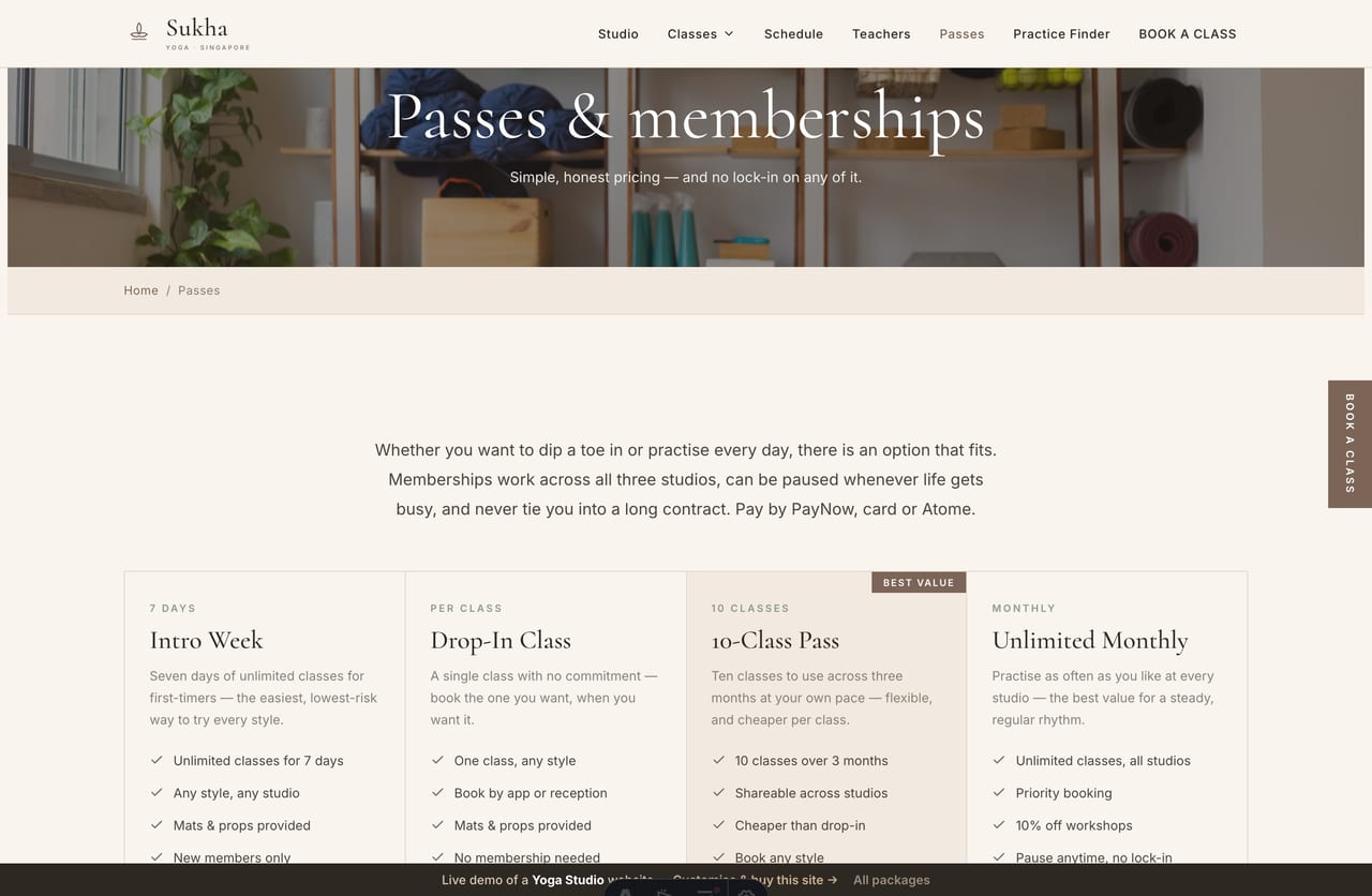 Passes page on the Sukha demo — an intro week, drop-in, 10-class pass and unlimited membership as cards, all no lock-in