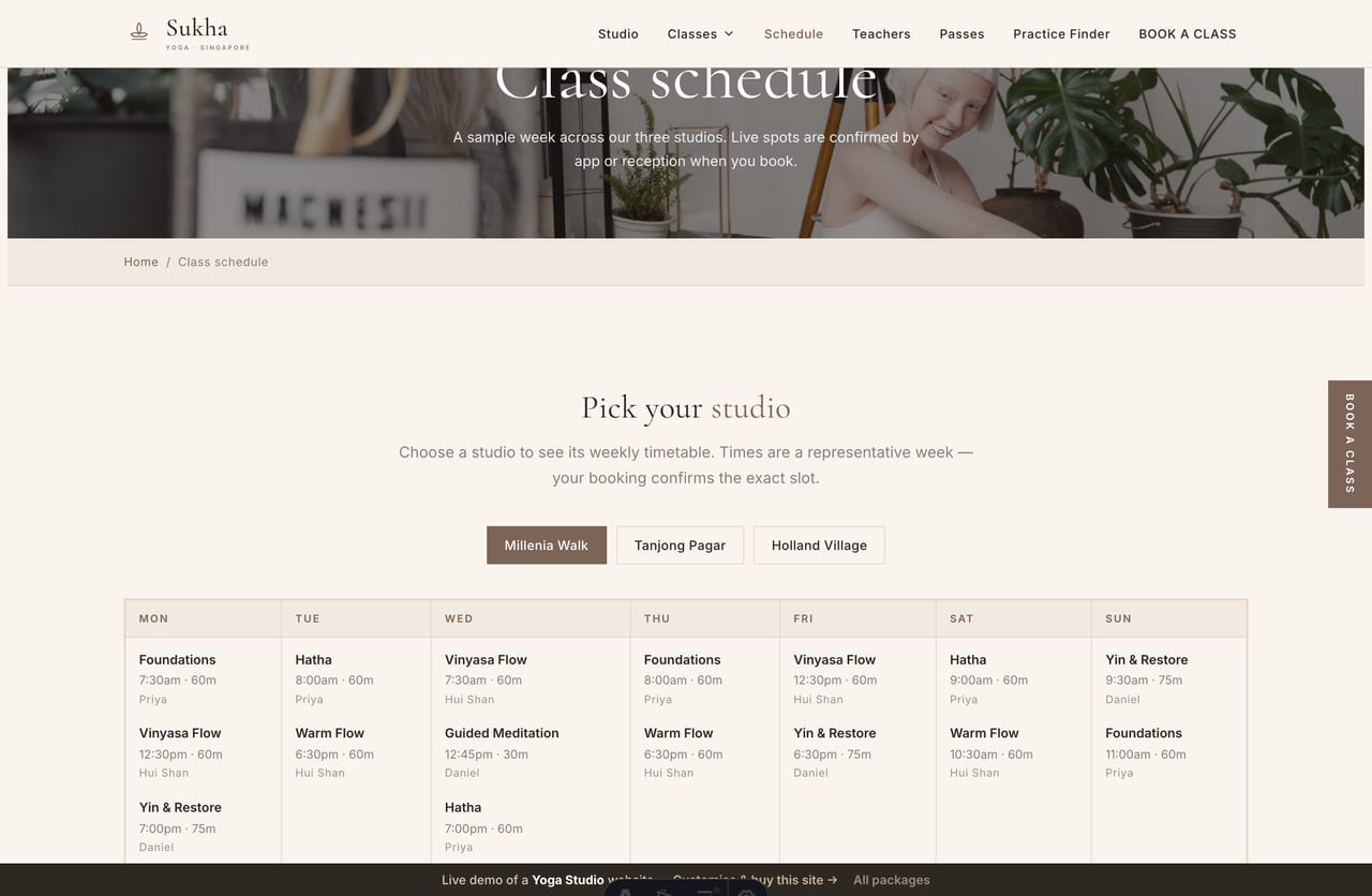 Class schedule page on the Sukha demo — a weekly timetable that switches between three studios with class, time and teacher