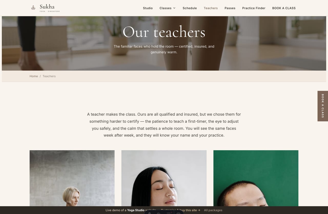The teachers page on the Sukha demo — teacher profiles with photos, roles and bios