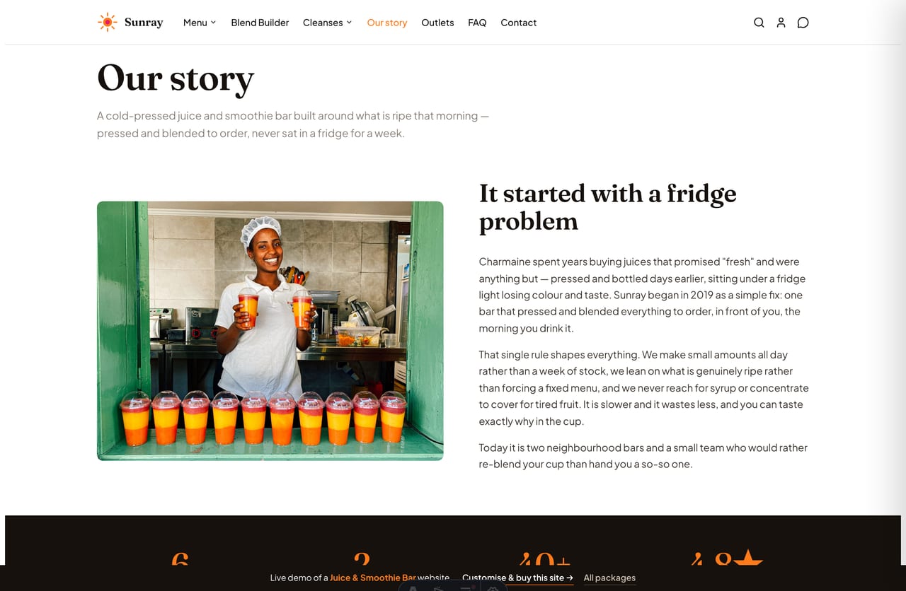 The About page for a Singapore juice bar — founder story, stats band and team profiles