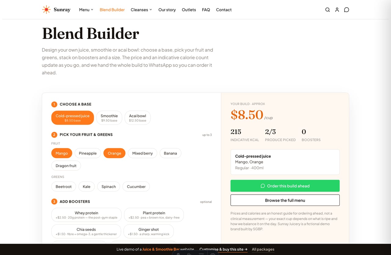 The interactive Blend Builder on the Sunray demo — choose a base, fruit and greens, boosters and a cup size to see a live price and calories