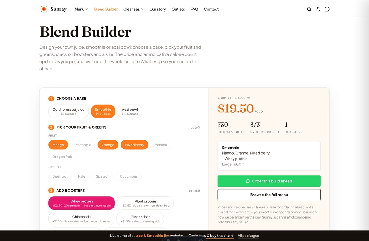 Blend Builder live result on a Singapore juice-bar site — a configured cup with its price, indicative calories and an order-ahead WhatsApp CTA