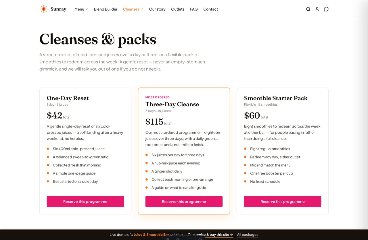 Cleanses page on the Sunray demo — one-day and three-day juice-cleanse programme cards with prices and what is included