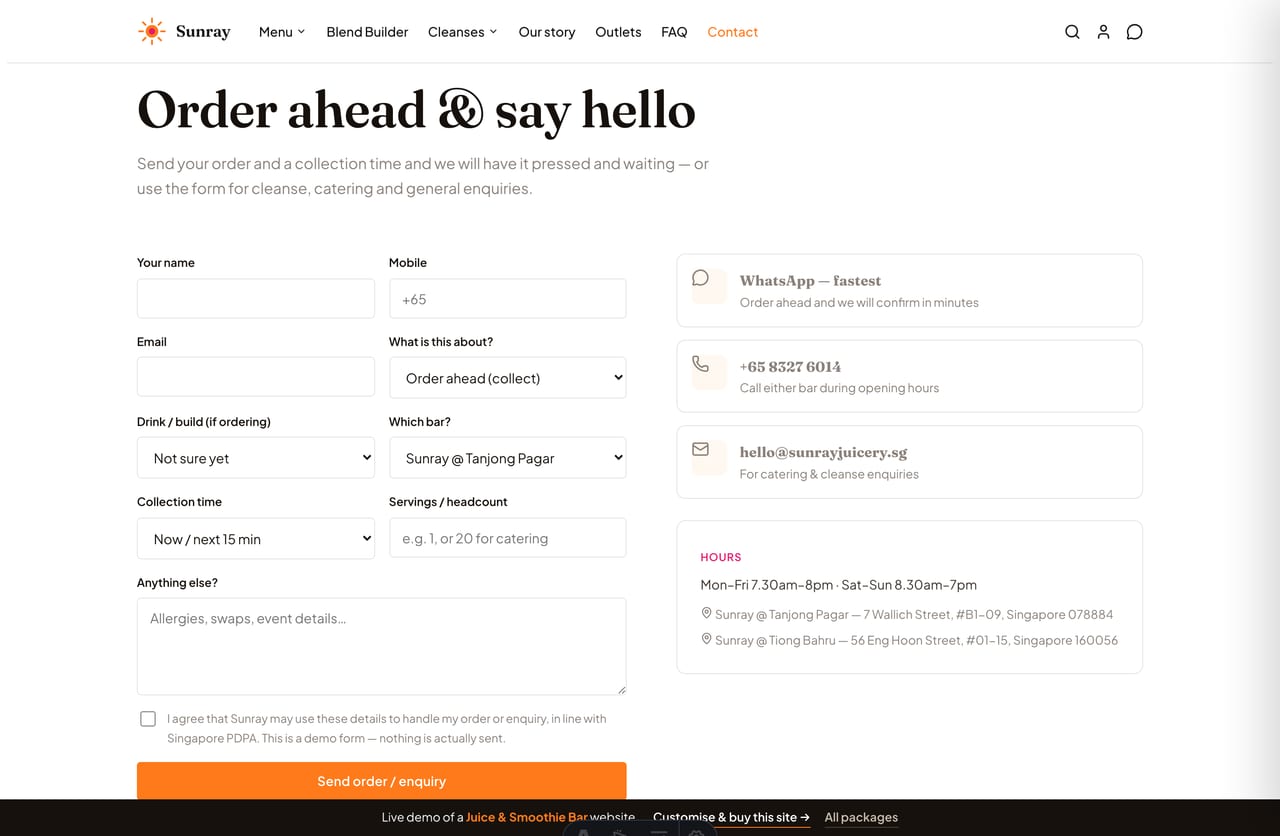 Order-ahead and contact page on the Sunray demo — a PDPA-aware form with drink, outlet and collection time