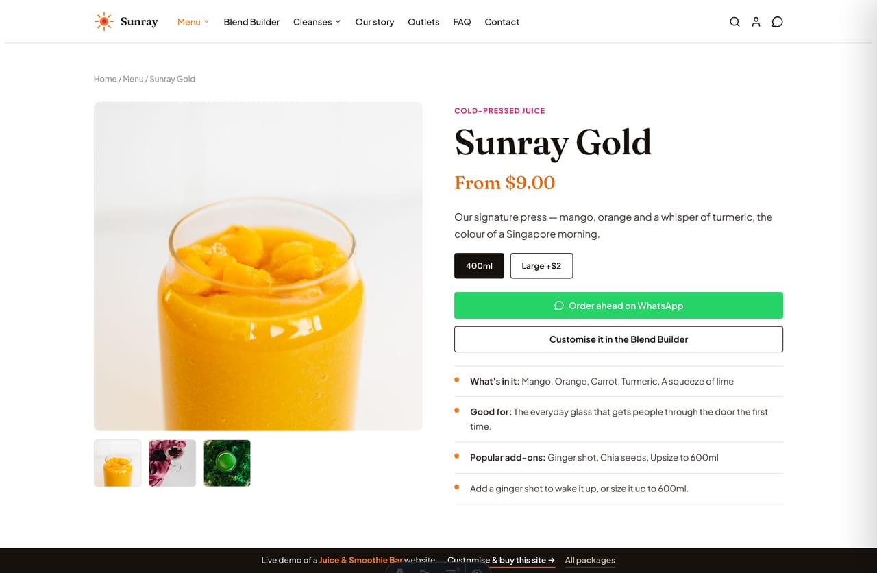 A drink detail page on the Sunray demo — a two-column image-and-info layout with size pills and an order-ahead button