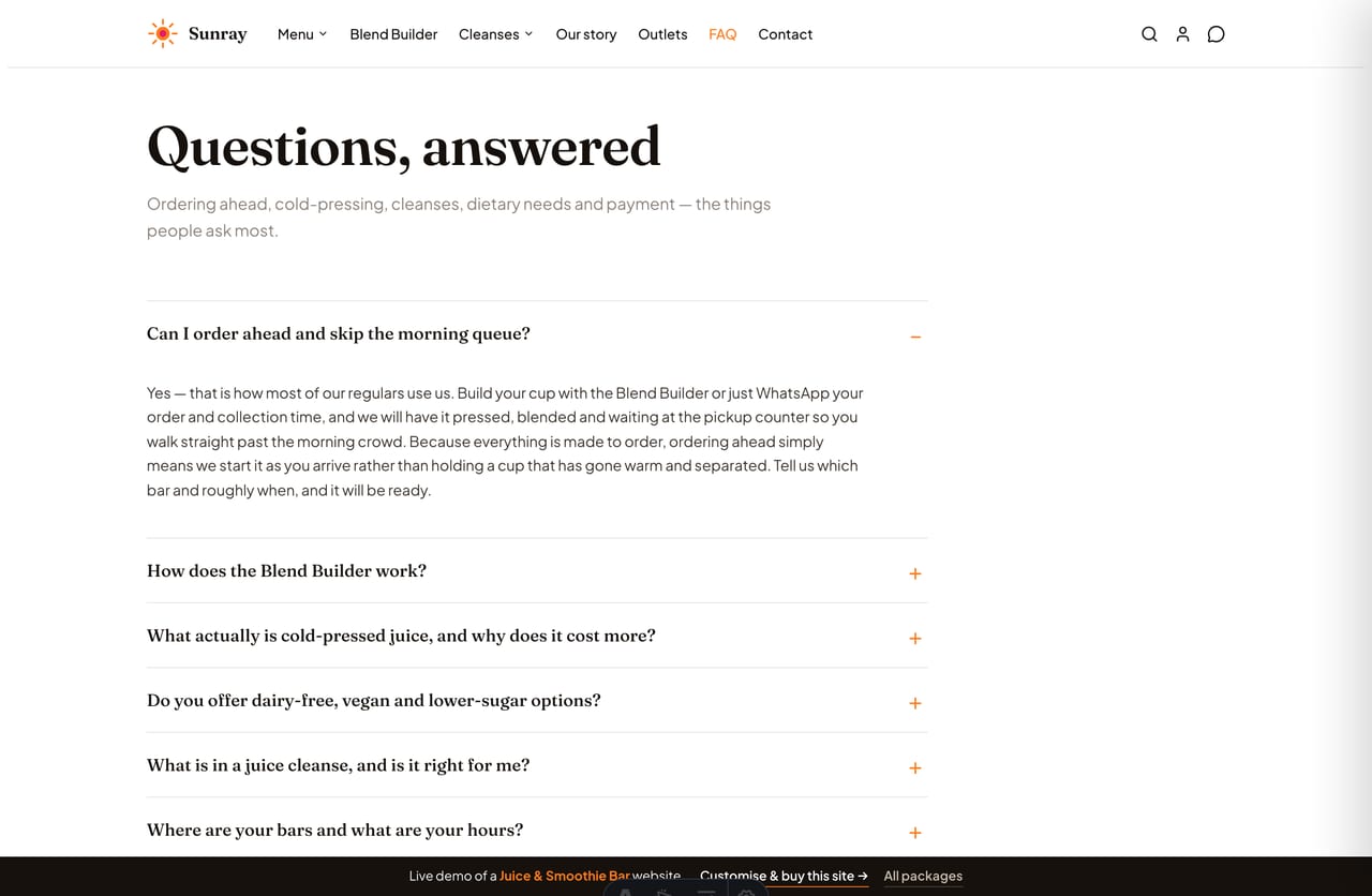 FAQ page on the Sunray demo — a clean question accordion about ordering ahead, cold-pressing and cleanses