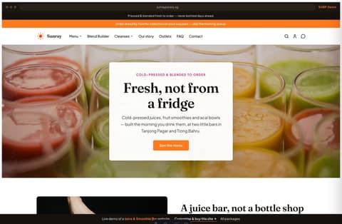Sunray juice and smoothie bar Singapore website homepage demo — a bright mango-orange and berry site with a full-bleed hero, a juice card grid and the Blend Builder