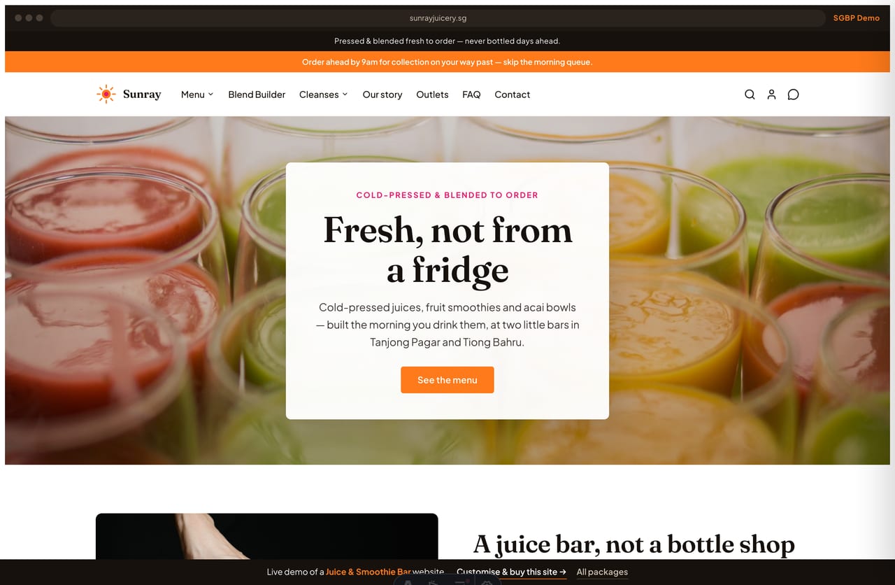 Sunray juice and smoothie bar Singapore website homepage demo — a bright mango-orange and berry site with a full-bleed hero, a juice card grid and the Blend Builder