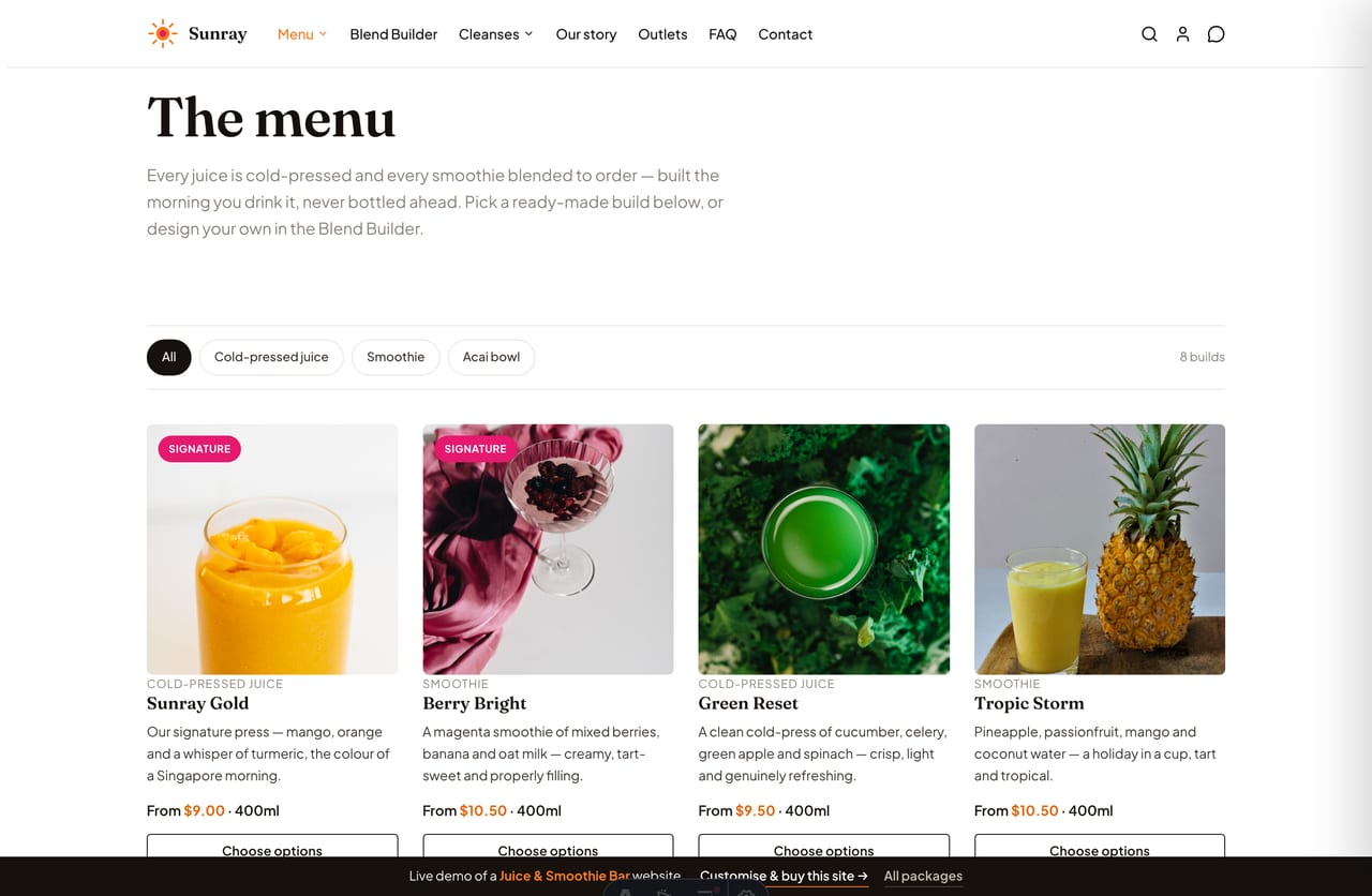 Menu page on the Sunray demo — cold-pressed juices, smoothies and acai bowls as a product-style grid with From prices
