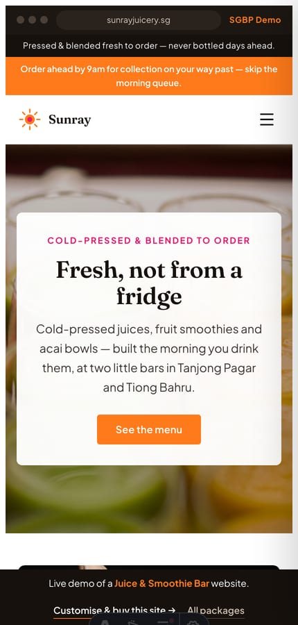 The Sunray juice-bar website on mobile — the full-bleed hero card and menu CTA at 430px