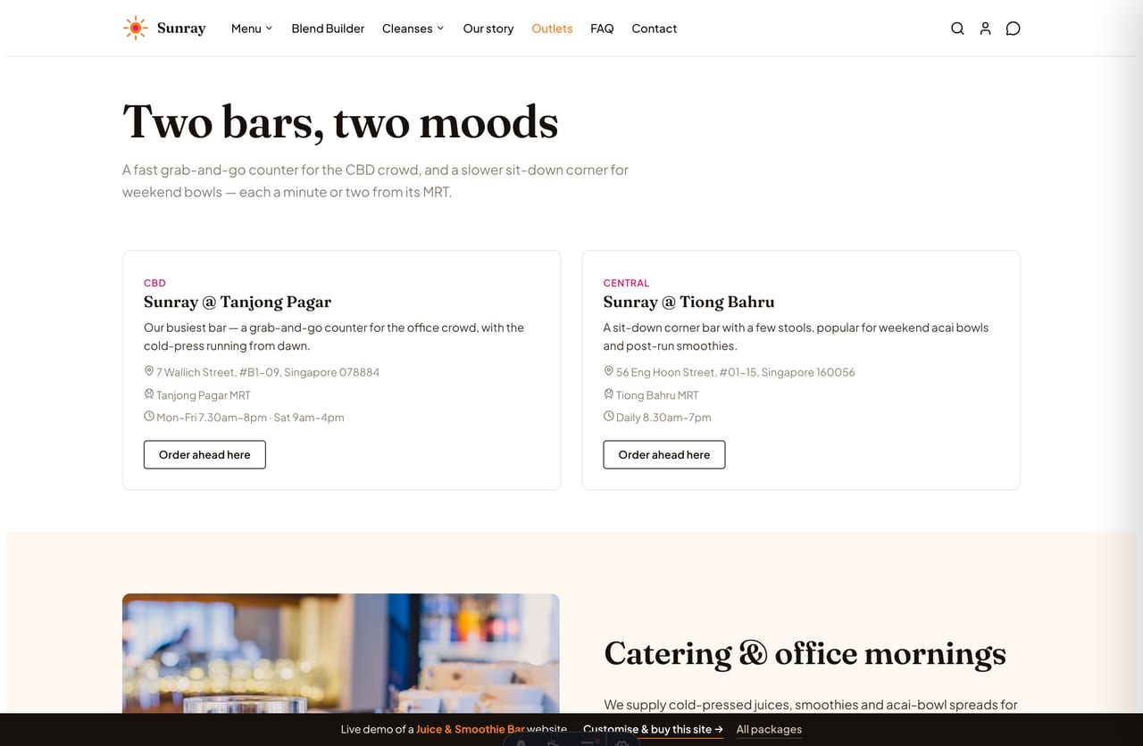 Outlets page on the Sunray demo — the two juice-bar locations with addresses, MRT and hours