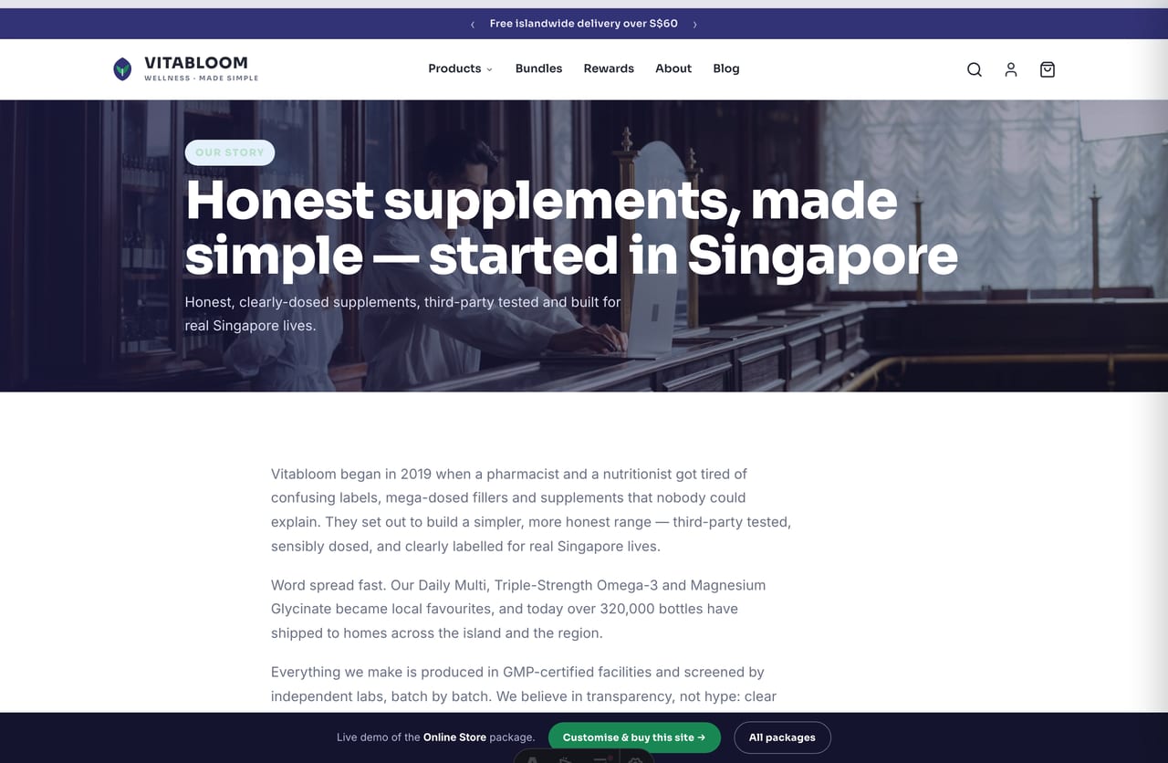 About and brand-story page for a Singapore supplements brand started by a pharmacist and nutritionist