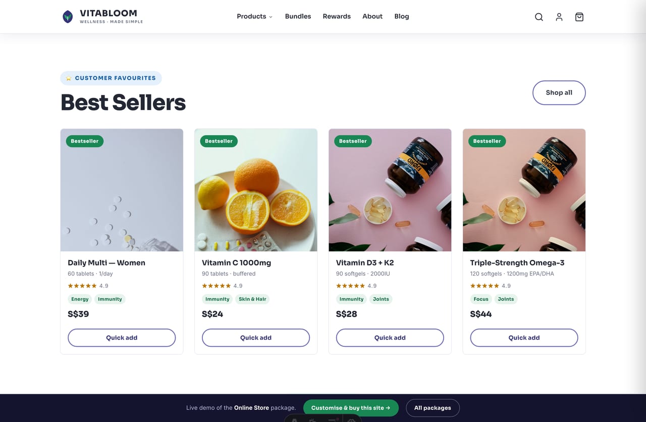 Bestseller supplement products carousel on the Vitabloom vitamins online store