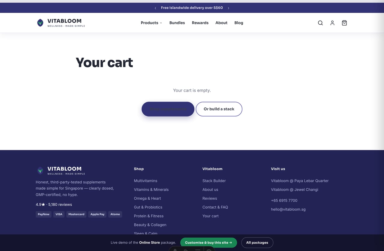 Slide-out cart drawer with a free-islandwide-delivery progress bar on the Singapore supplements store