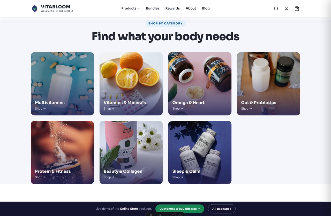 Shop-by-category tiles for a Singapore supplements store — multivitamins, vitamins, omega, probiotics, protein, collagen and sleep