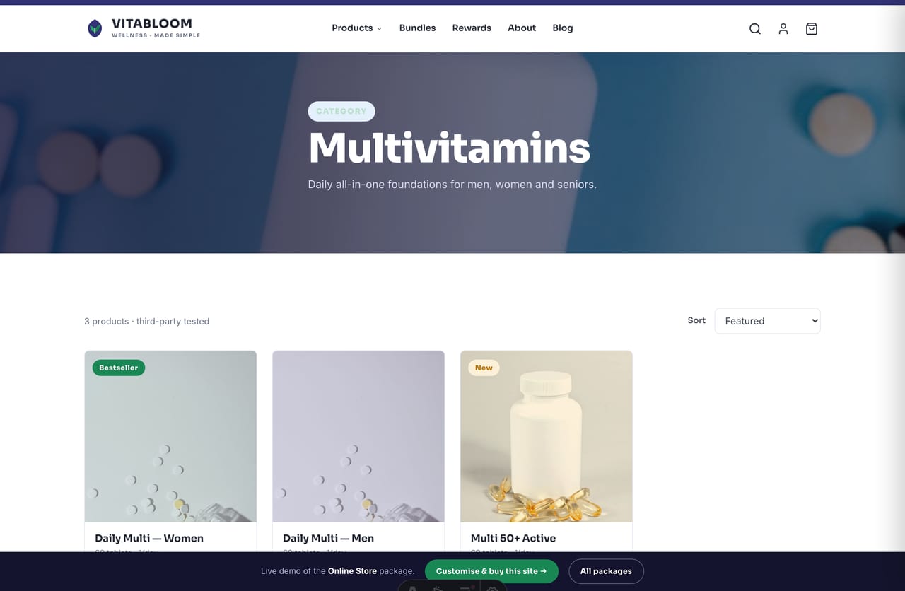 Multivitamins collection page with sorting on the Singapore supplements store demo