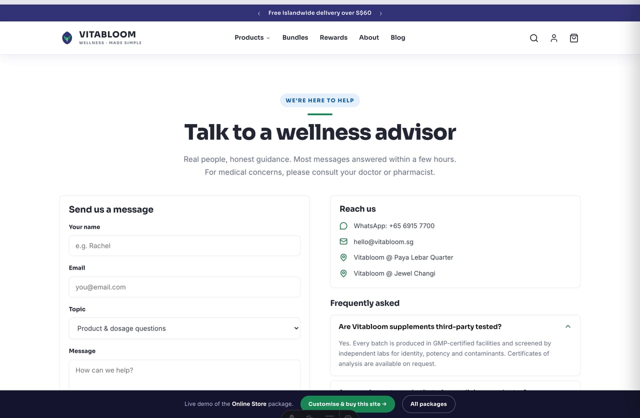 Contact, store-location and WhatsApp page on the Vitabloom supplements store demo