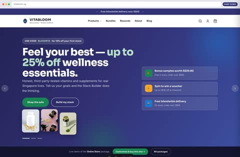 Vitabloom supplements brand online store homepage demo — bold hero, third-party-tested badges and islandwide-delivery promise (Singapore)
