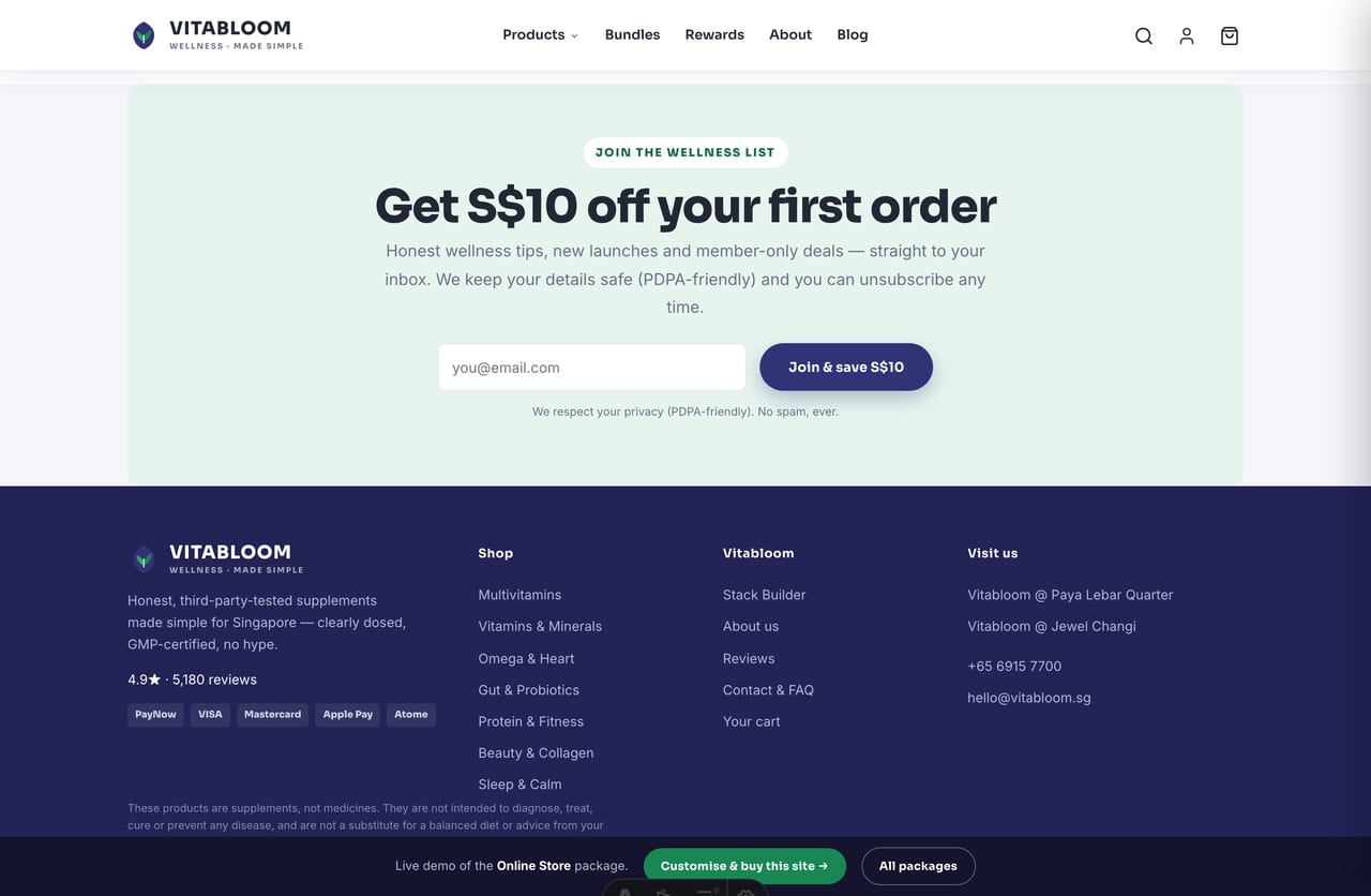 Wellness-list newsletter signup with first-order discount on the Vitabloom supplements store