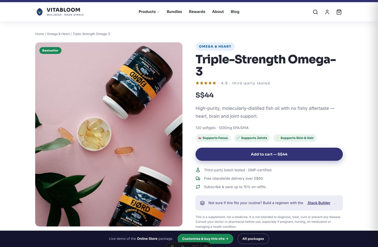 Supplement product detail page with image, dosage meta, third-party-tested badge, goal tags and add-to-cart