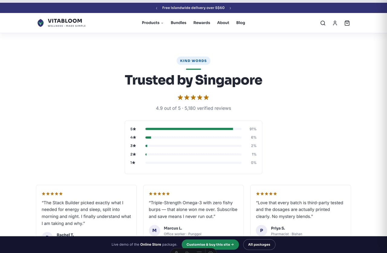 Singapore customer reviews and star ratings on the Vitabloom supplements brand website