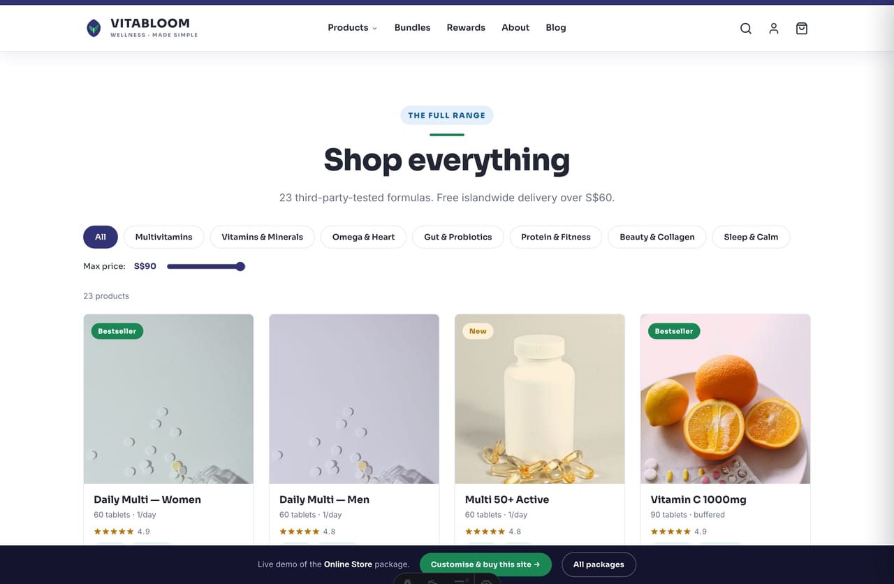 Supplements shop page with filterable product grid, goal tags, quick-add and SGD pricing