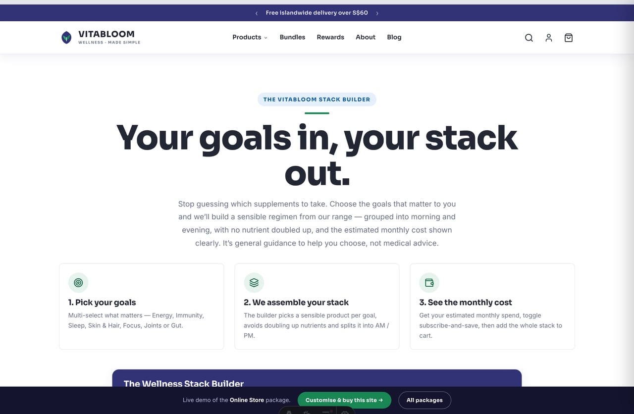 Interactive Wellness Stack Builder on the Vitabloom Singapore supplements store — goals in, AM/PM regimen out with monthly cost