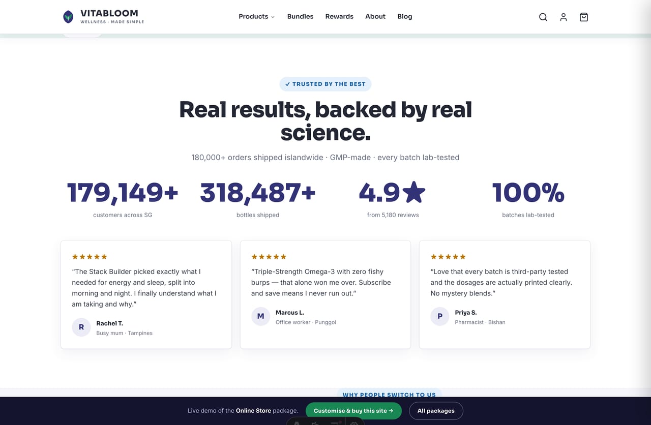 Third-party-tested, GMP-certified and clear-labelling trust block on a Singapore supplements brand homepage
