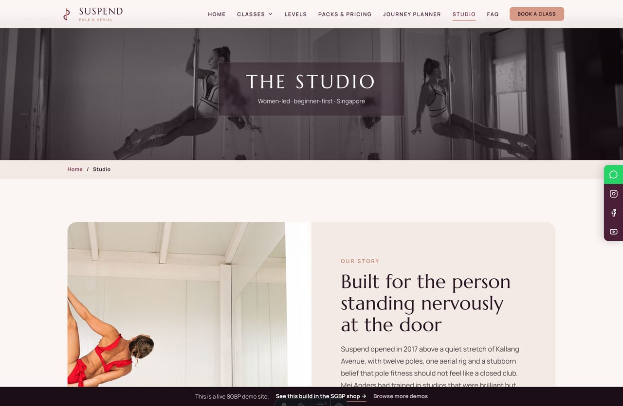 The About page for a Singapore pole studio — founder story, stats band, coaches and facilities