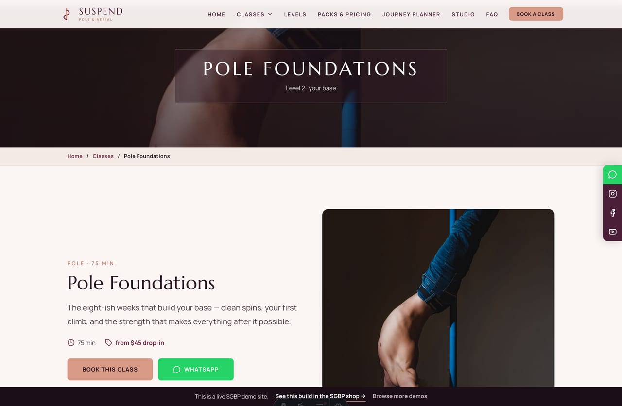 A class detail page on the Suspend demo — a dark frosted banner with a sticky what-this-covers sidebar