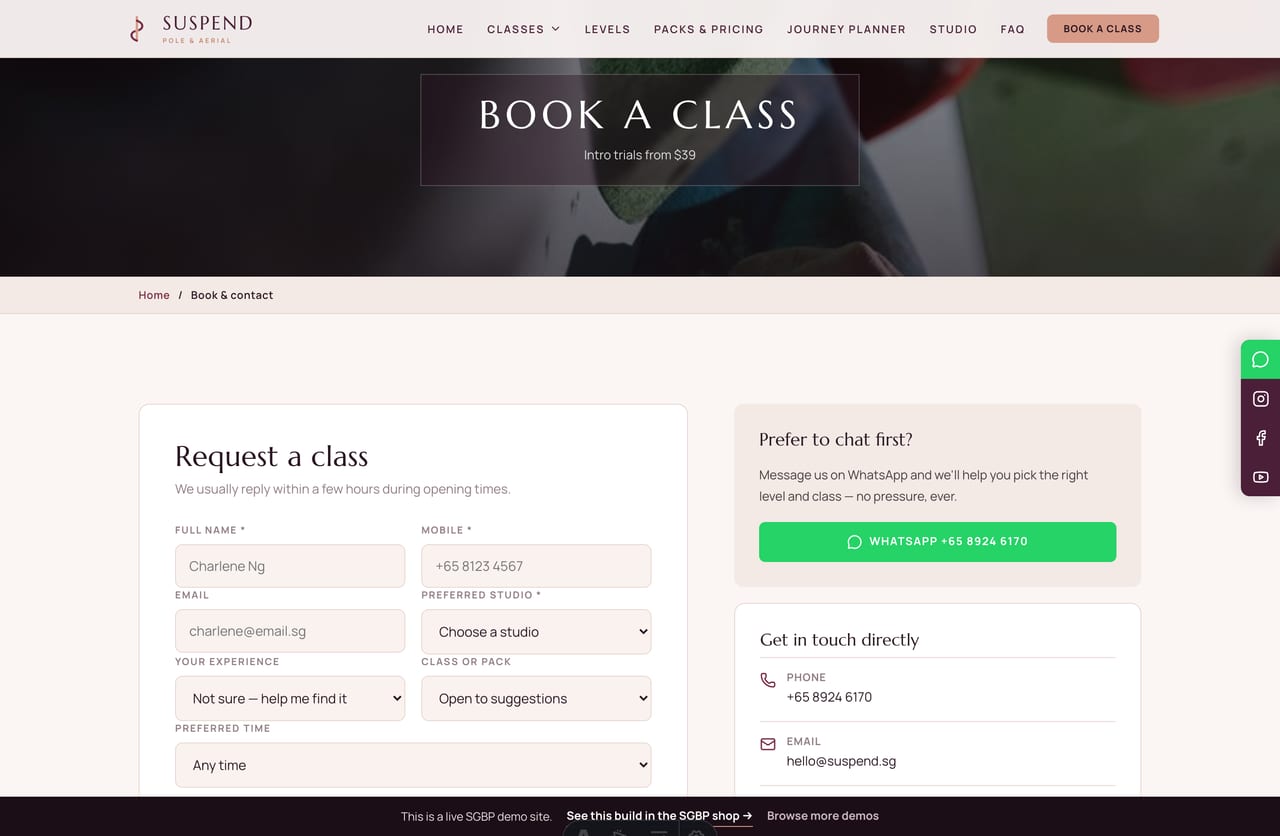 Book-a-class page on the Suspend demo — a PDPA-aware booking form with studio, experience and time