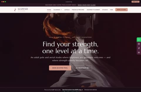 Suspend pole fitness studio Singapore website homepage demo — a moody plum and rose-gold site with a full-bleed dark hero, a centered tagline strip and class cards