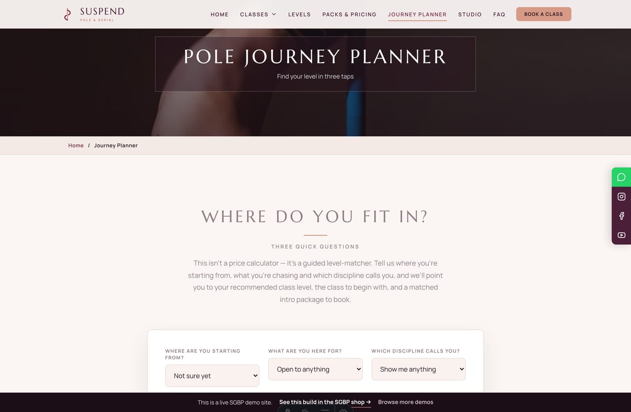The interactive Pole Journey Planner on the Suspend demo — pick your experience, goal and discipline to be matched to a class level