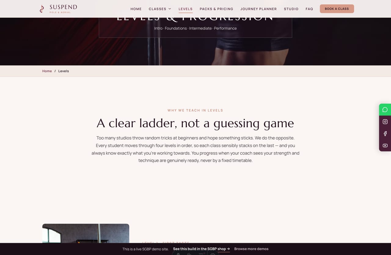 The levels page on the Suspend demo — Intro, Foundations, Intermediate and Performance as alternating photo-and-text bands