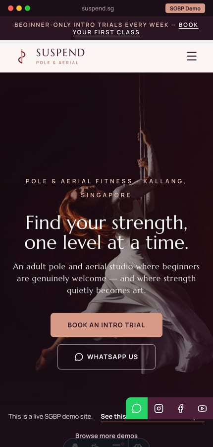 The Suspend pole studio website on mobile — the dark hero and book CTA at 430px