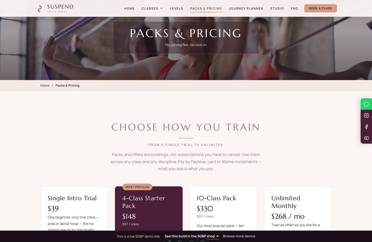 Packs & pricing page on the Suspend demo — intro trial, starter pack, 10-class pack and unlimited monthly cards with honest fine print
