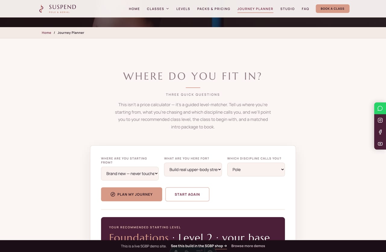 Pole Journey Planner result on a Singapore pole studio site — a recommended class level, a matched class and an intro package, with a WhatsApp CTA