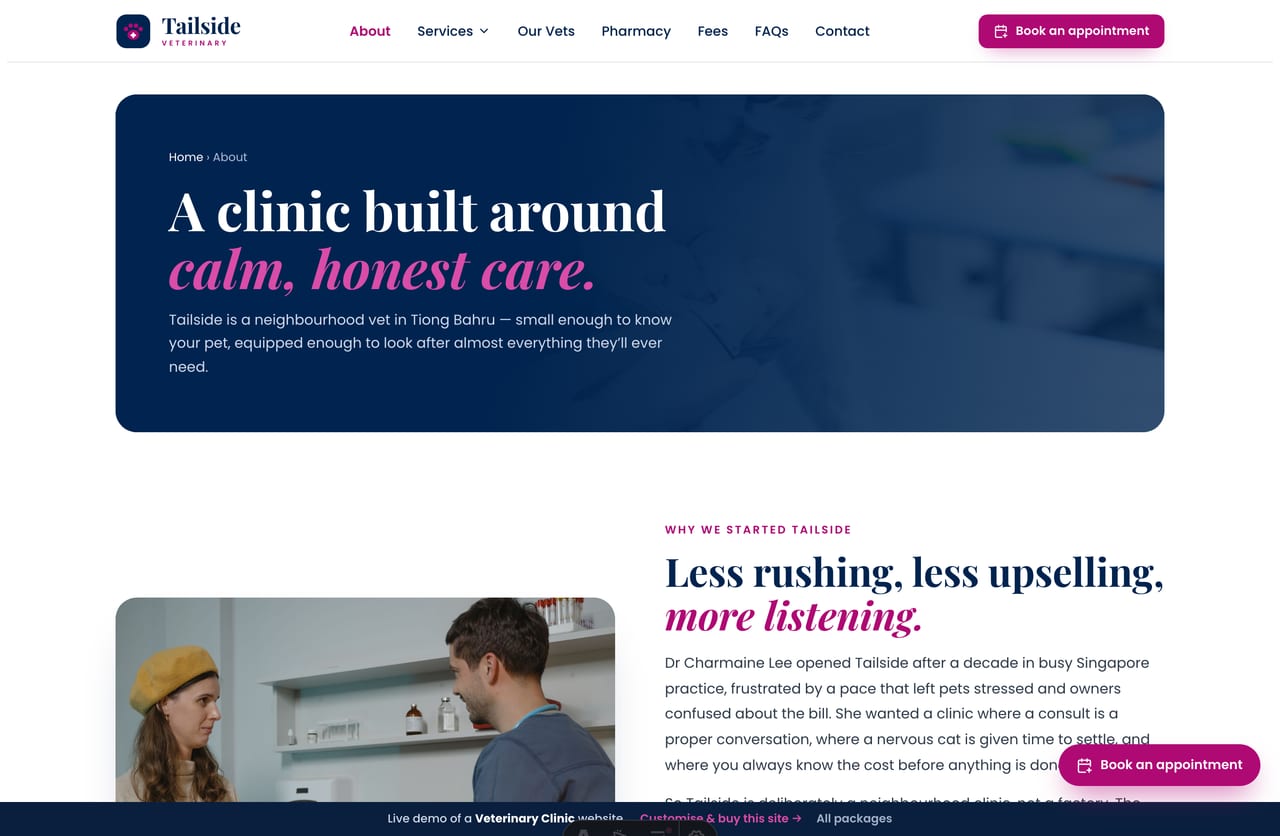 The About page for a Singapore vet clinic — founder story, why-us reasons and trust stats