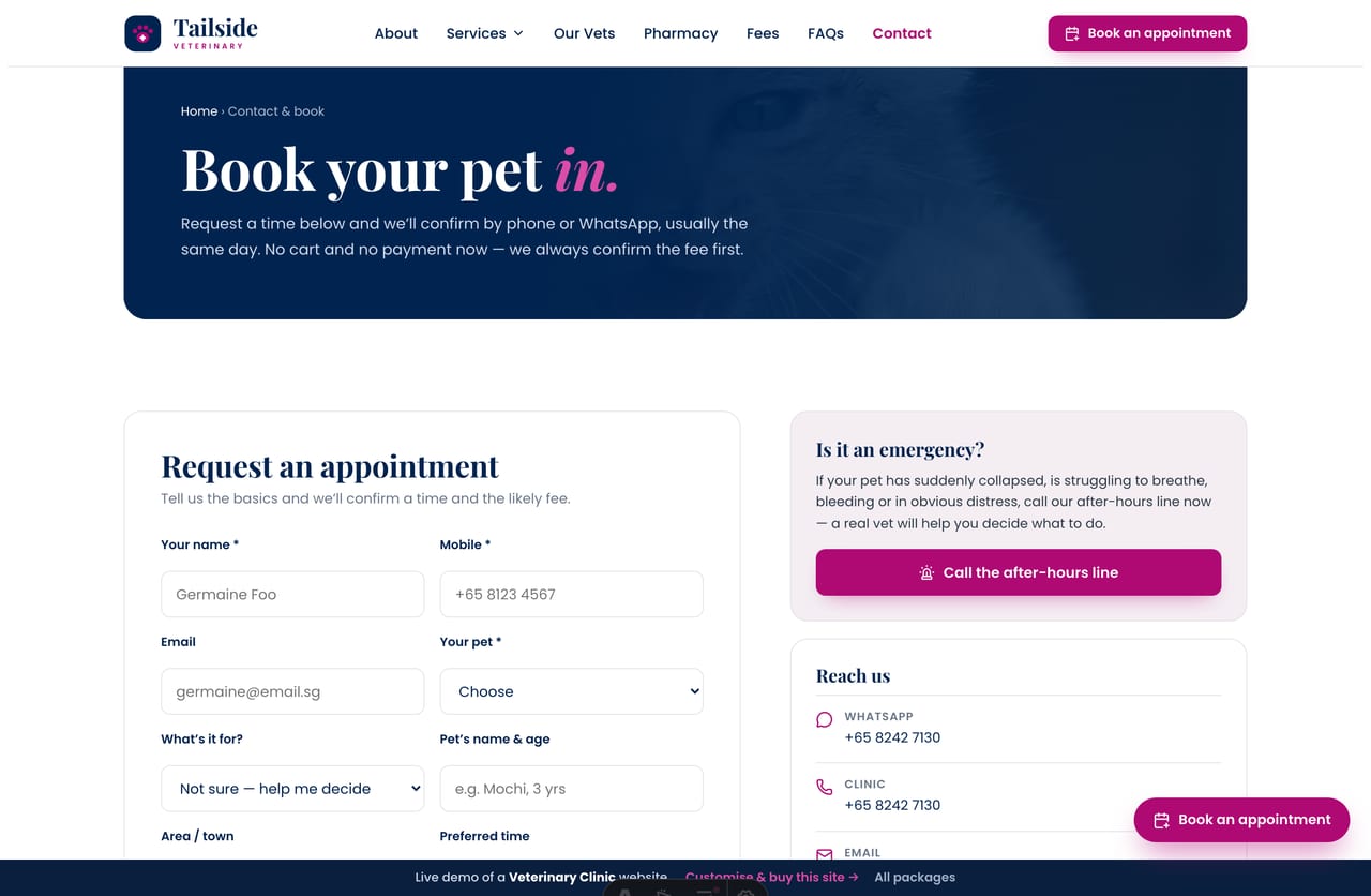 Contact & book page on the Tailside demo — a PDPA-aware appointment-request form with pet and service selection plus an emergency line, no cart
