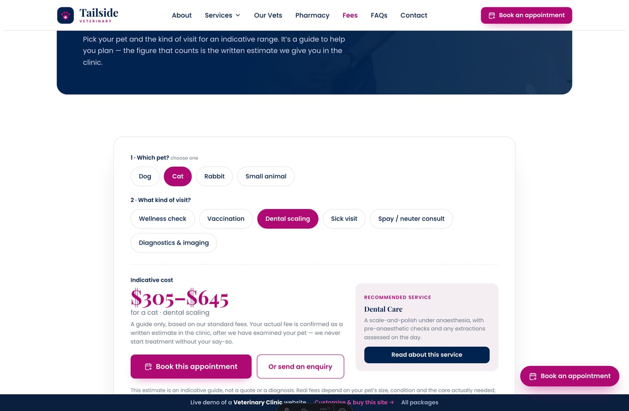 Visit Cost Estimator result on a Singapore vet site — a live indicative cost range, the recommended service and a book-an-appointment CTA