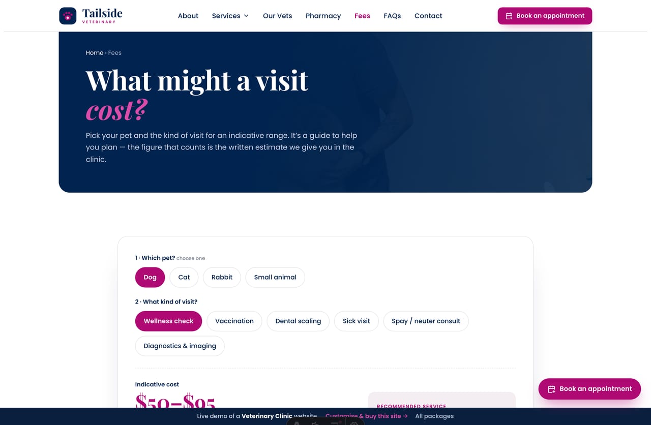 The interactive Visit Cost Estimator on the Tailside vet demo — pick a pet type and visit type for a live indicative cost range