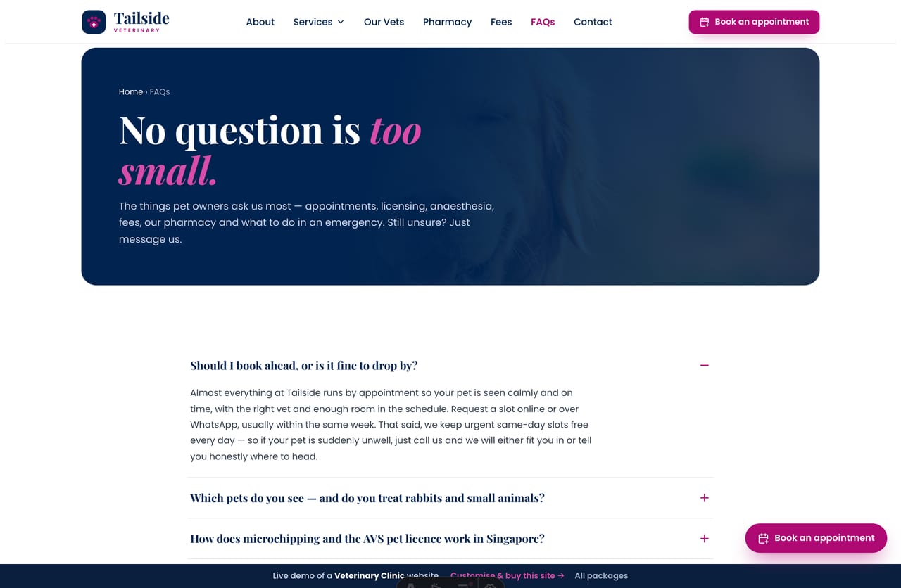 FAQ page on the Tailside demo — an accordion of common questions about appointments, AVS licensing, anaesthesia, fees and the pharmacy