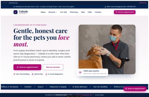 Veterinary clinic website homepage demo for Singapore — a split, fear-free hero in navy and magenta with a service listing, meet-our-vets and a visit-cost estimator