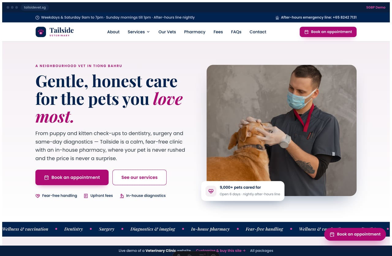 Veterinary clinic website homepage demo for Singapore — a split, fear-free hero in navy and magenta with a service listing, meet-our-vets and a visit-cost estimator
