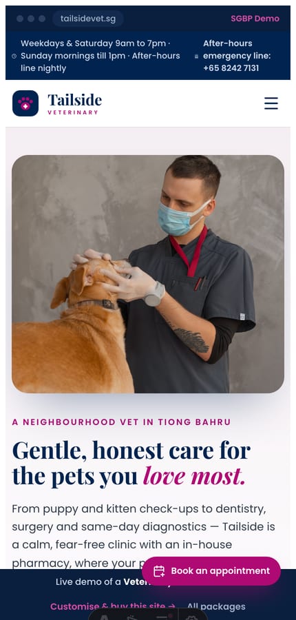 The Tailside veterinary clinic website on mobile — a split hero and a sticky book-an-appointment pill at 430px